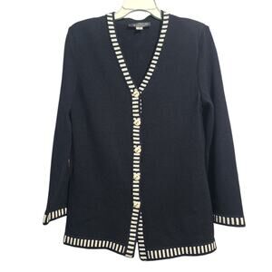 St John Collection Lattice Trim Santana Knit Cardigan Size 2 Black